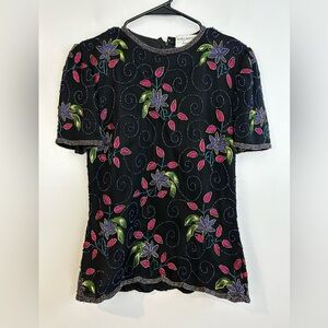 Papell Boutique Evening Short Sleeve Silk Beaded Floral Short Sleeve Top Small
